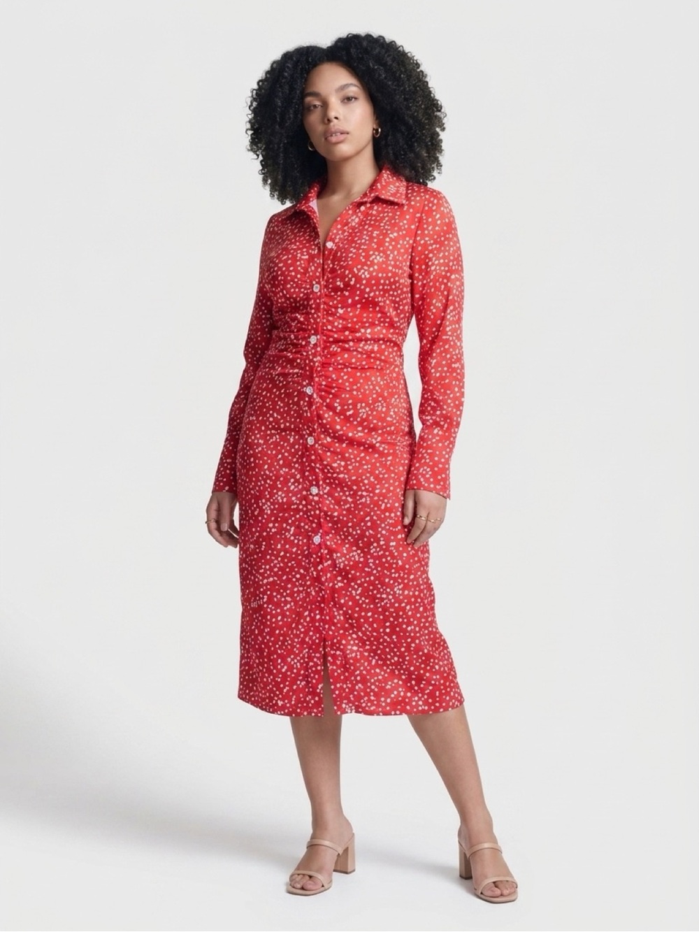 SHEIN Red White Polka Dot Button Front Midi Dress